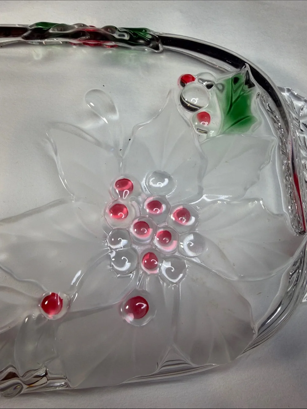 Clear Poinsettia Glass Serving Tray with Red and Green Accents - Picture 6 of 7